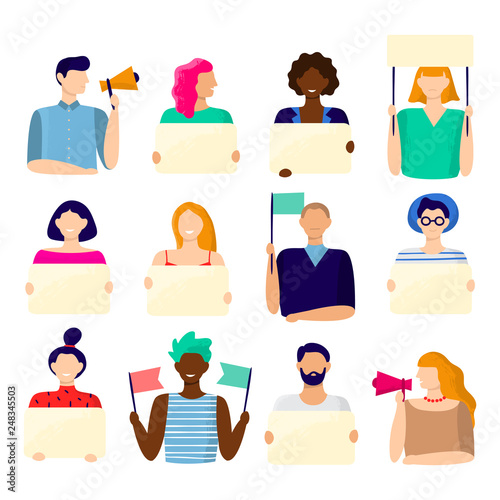 Activist holding placard. Protest active people, male and female hold poster and protesting activists vector illustration bundle