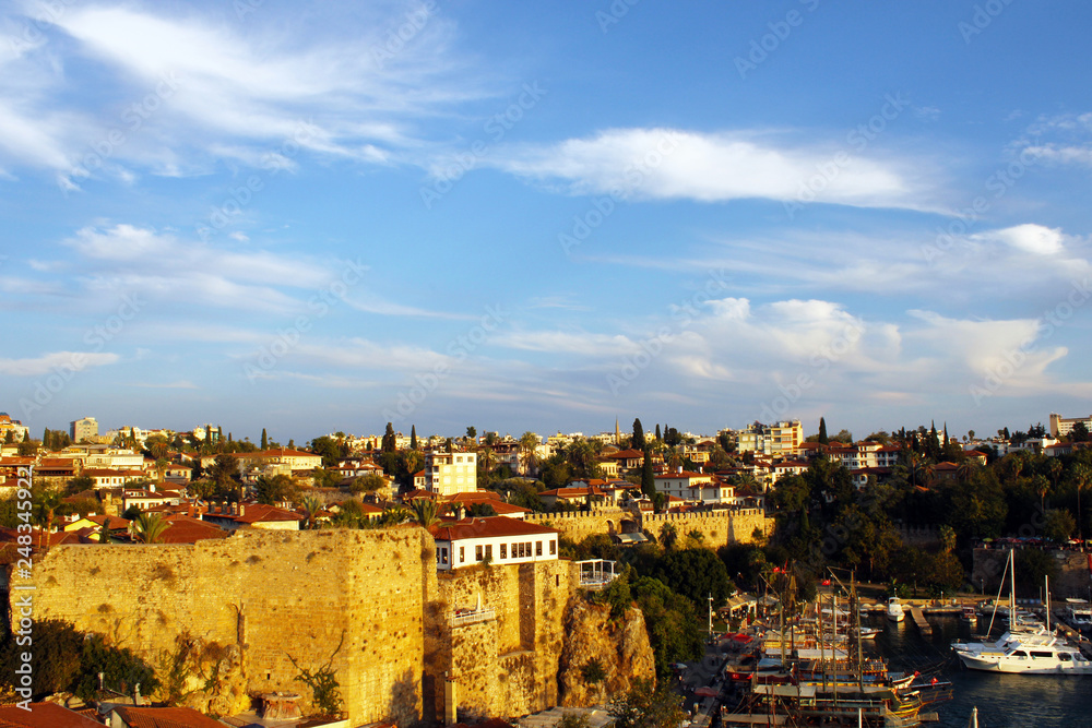 Antalya city port and Kaleici old town view 