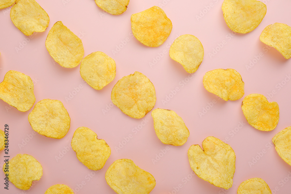 top view chips pattern pink pastel background top view chips pattern pink pastel background