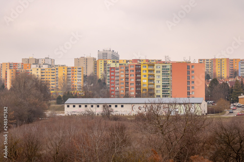 Communist socialist architecture. Architectural detail and pattern of social residential of apartments. Portrait of socialist-era housing district, city building facade. Brno, Czech Republic