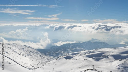 Clouds Motion Over Mount Hermon,  Winter in Israel - Sunny Day At Mount Hermon, Time Lapse Pan Right