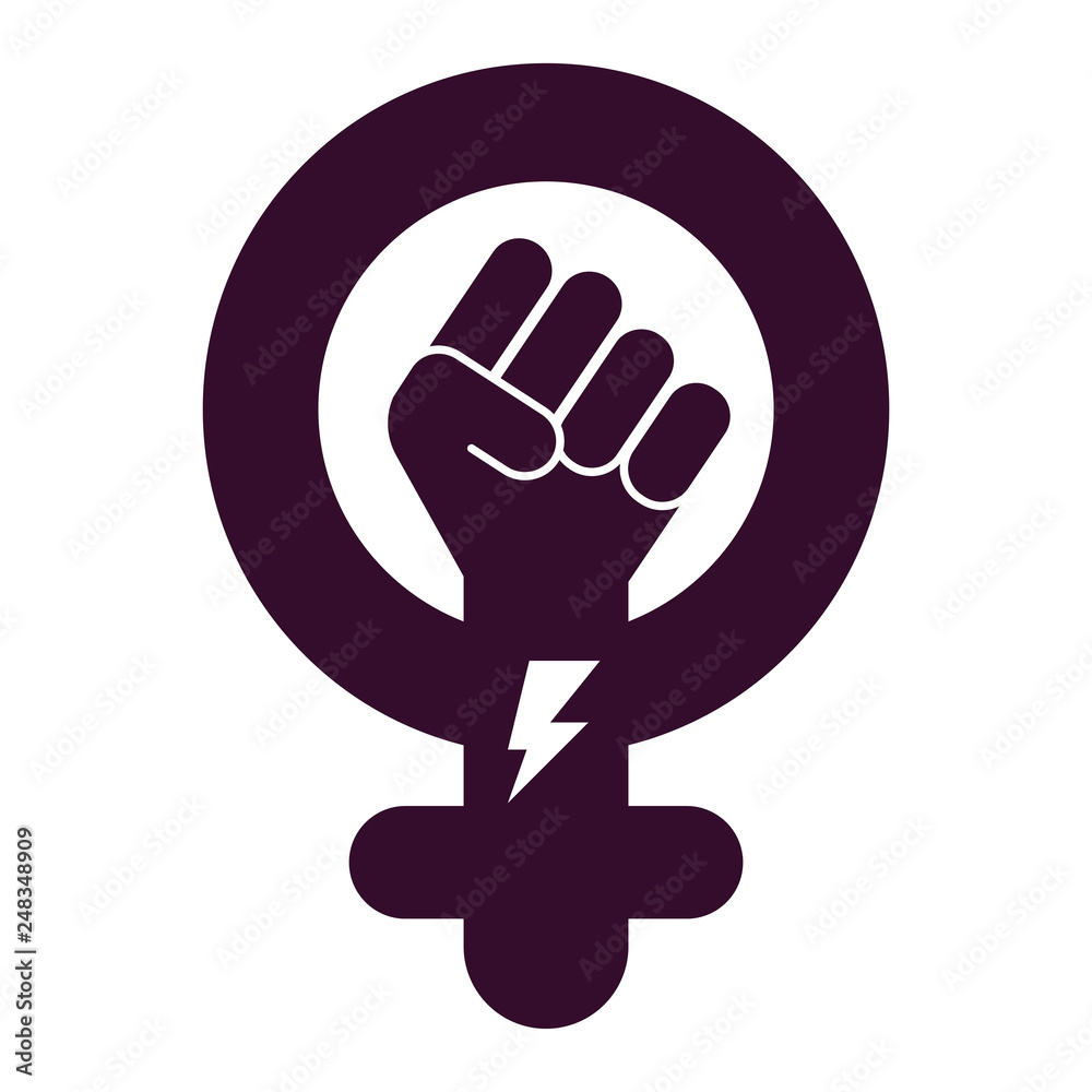 Symbol of feminist movement with lightning. Icon of female gender. Woman hand with her fist raised up. Girl Power concept. Vector illustration. Symbol of feminist movement with lightning. Icon of female gender. Woman hand with her fist raised up. Girl Power concept. Vector illustration.