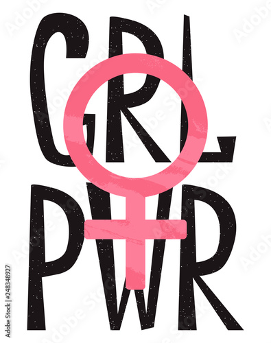 Symbol of feminist movement on handwritten quote GRL PWR. Feminist slogan GIRL POWER, lettering, stamp texture. Women's Day concept. Feminism icon sign. Vector illustration for shirt, poster or other 