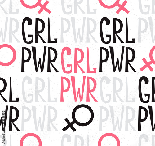 Seamless pattern with feminism symbol and handwritten quote GRL PWR. Feminist movement background. Vector fashion illustration for design, card or other print.