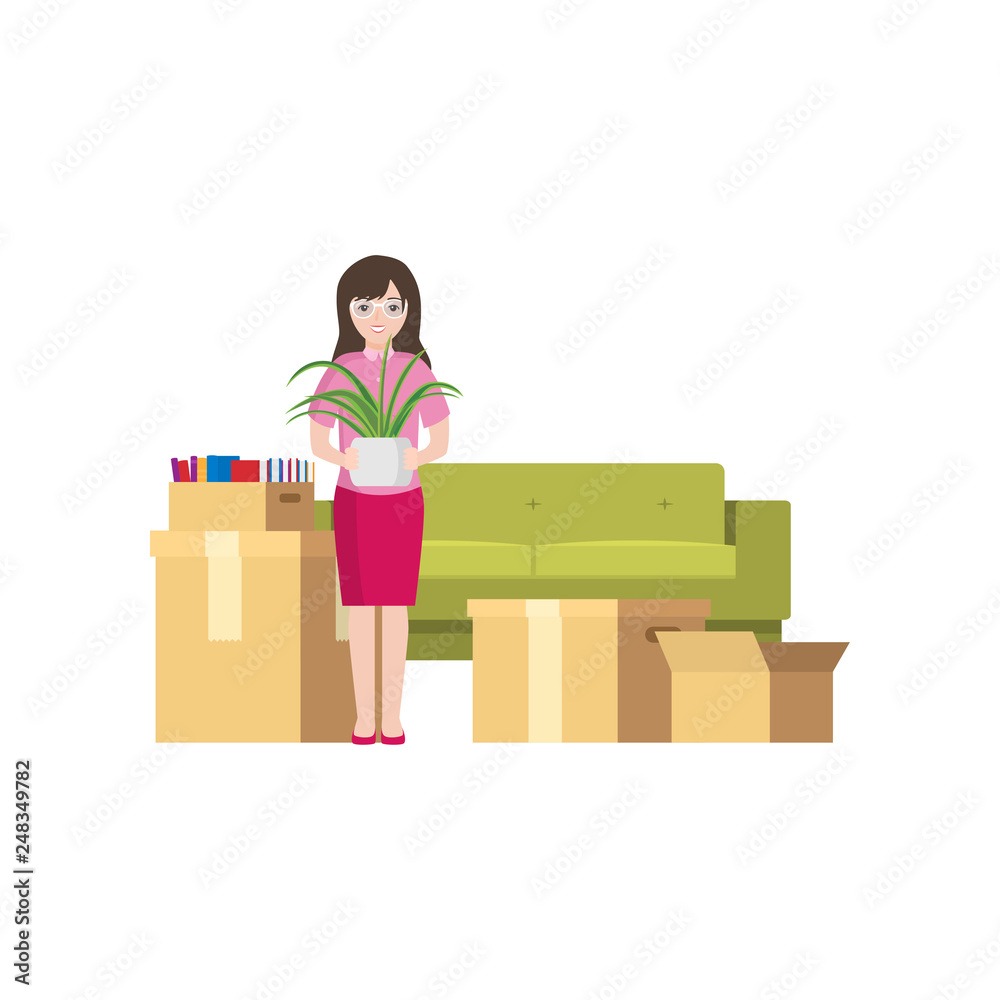 Moving a young girl with packed boxes around Moving a young girl with packed boxes around
