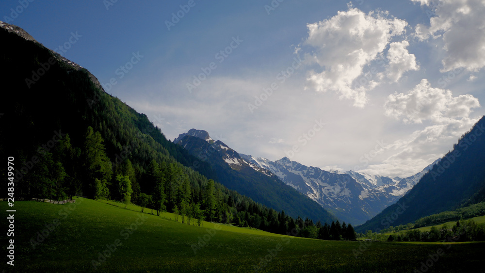 View of the green Gschnitztal, a valley in tirol, Austria.