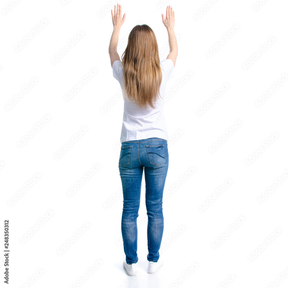 t hands up on white background isolation, back view t hands up on white background isolation, back view