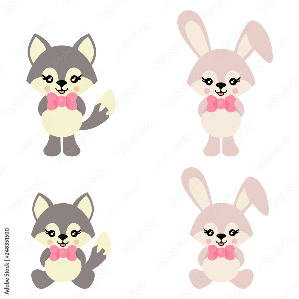 cartoon cute bunny and wolf sits vector