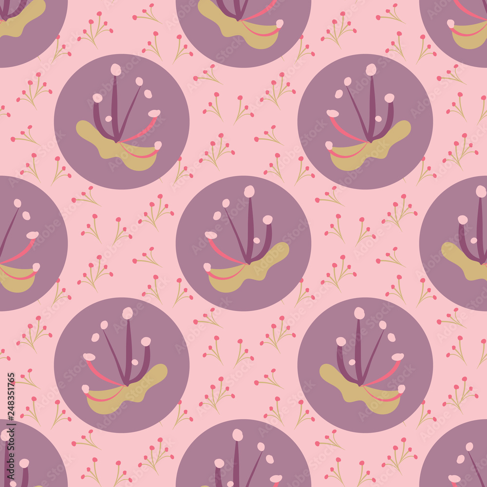 Bold and dynamic cherry blossom seamless pattern design in eye-catching colors. Large blooms alternate with abstract plant sprigs to create a repeat vector design for textiles, home decor and paper. Bold and dynamic cherry blossom seamless pattern design in eye-catching colors. Large blooms alternate with abstract plant sprigs to create a repeat vector design for textiles, home decor and paper.