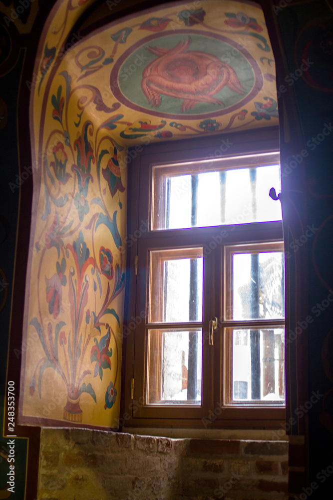 Moscow, 07/02/2019: window and ornaments on the interior walls of Saint Basil's Cathedral, the world famous orthodox church in the Red Square, a museum where it’s allowed to take pictures