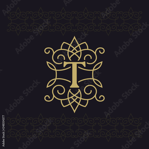 Capital letter T. Beautiful monogram. Elegant logo. Calligraphic design. Luxury emblem. Vintage ornament. Simple graphics style. Flourishes boutique brand on black background. Vector illustration
