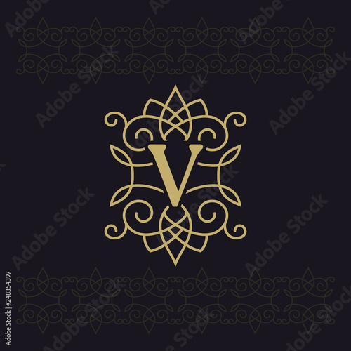 Capital letter V. Beautiful monogram. Elegant logo. Calligraphic design. Luxury emblem. Vintage ornament. Simple graphics style. Flourishes boutique brand on black background. Vector illustration