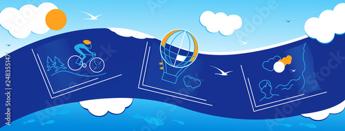 Vector site cover with cyclist on a bicycle, a traveler in the mountains, a balloon in the clouds, seagulls in the sky, sea, fish, the beach in the photo, on a background a summer landscape