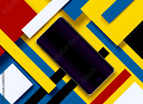 Vector illustration of a black cell phone on an abstract geometric background of colored paper