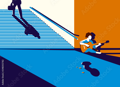 Vector illustration of a street musician playing the guitar in the underpass. In the background is a departing man who put the money next to his hat