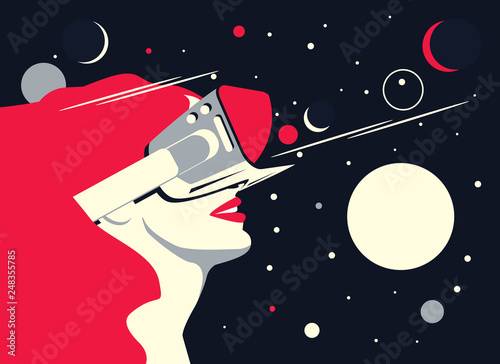 Vector illustration of a woman using virtual reality glasses. The planets and the stars next to her. The concept of modern technology and new experience