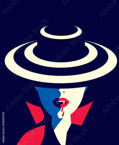 Vector illustration of a vampire woman in a hat with teeth from which blood is dripping. Halloween