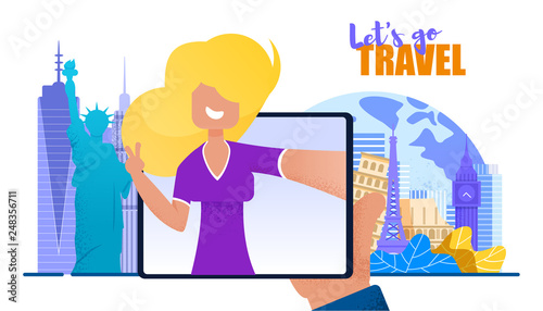 Girl from Screen Tablet Invites Lets go Travel