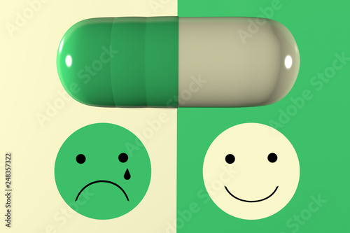 3d illustration of depression pill and smile and sad with tear emoticon photo