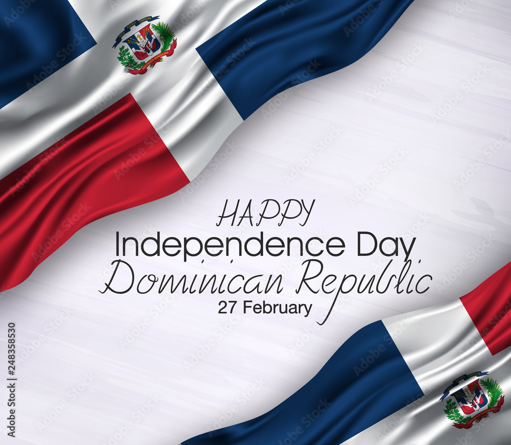 Vector illustration of Happy dominican republic  Waving   flags isolated on gray background.,27 february,independence day. - obrazy, fototapety, plakaty 