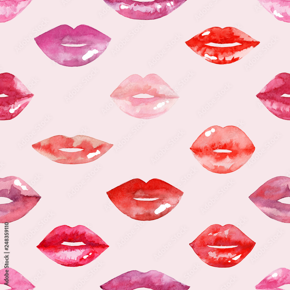 Fototapeta Women's lips pattern. Hand drawn watercolor lips isolated on white background. Fashion and beauty illustration. Sexy kiss. Design for beauty salon, make-up studio, makeup artist, meeting website.