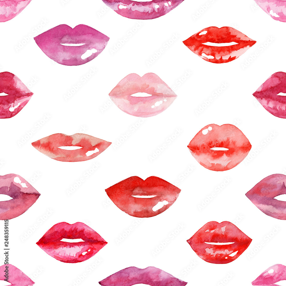 Fototapeta Women's lips pattern. Hand drawn watercolor lips isolated on white background. Fashion and beauty illustration. Sexy kiss. Design for beauty salon, make-up studio, makeup artist, meeting website.