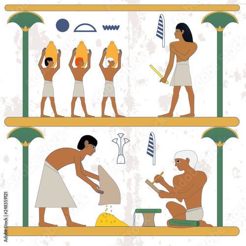 Ancient egypt background. Peasant with grane and scribe compostion. Man with grane and egypt noble scene. Historical background.Ancient people