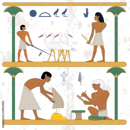 Ancient egypt background. Peasant with grane and scribe compostion. Peasant working at ciconia farmind and egypt nobleman scene. Historical background.Ancient people