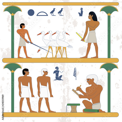 Ancient egypt background. Peasant working at ciconia farmind and egypt nobleman scene. The scribe keeps a census of the peasants. Historical background.Ancient people
