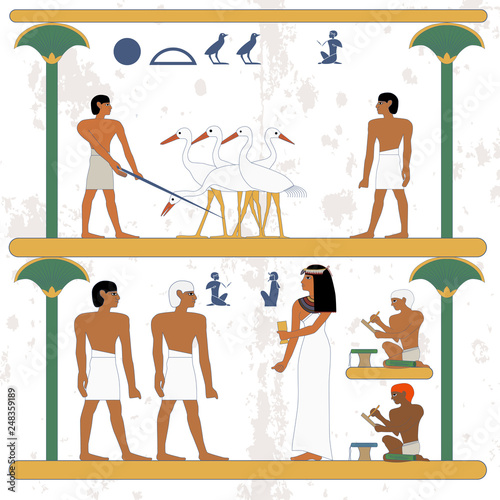 Ancient egypt background. Peasant working at ciconia farmind and egypt man waling alog scene. The noblewoman hiring new worker. Scribe working. Historical background.Ancient people