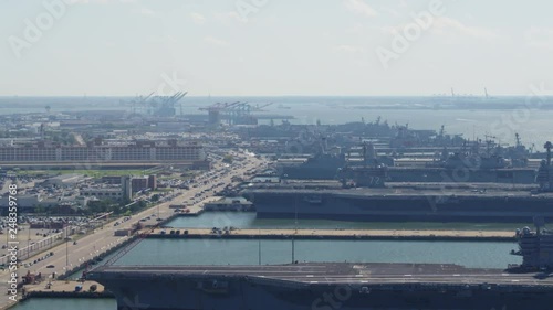 Norfolk Virginia Aerial v42 Panoramic view of Naval pier, ships, and station grounds right to left 10/17 photo