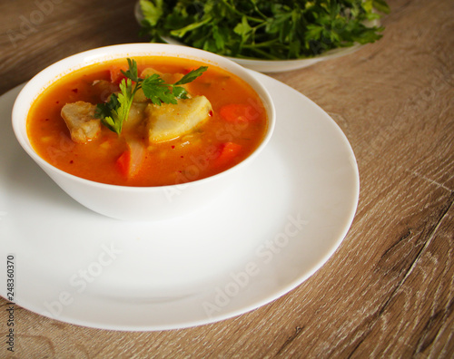 Winter vegetables soup, celery and carrots with parsley and spice