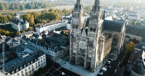 View from drone of impressive Roman Catholic Cathedral of Tours in morning, France photo