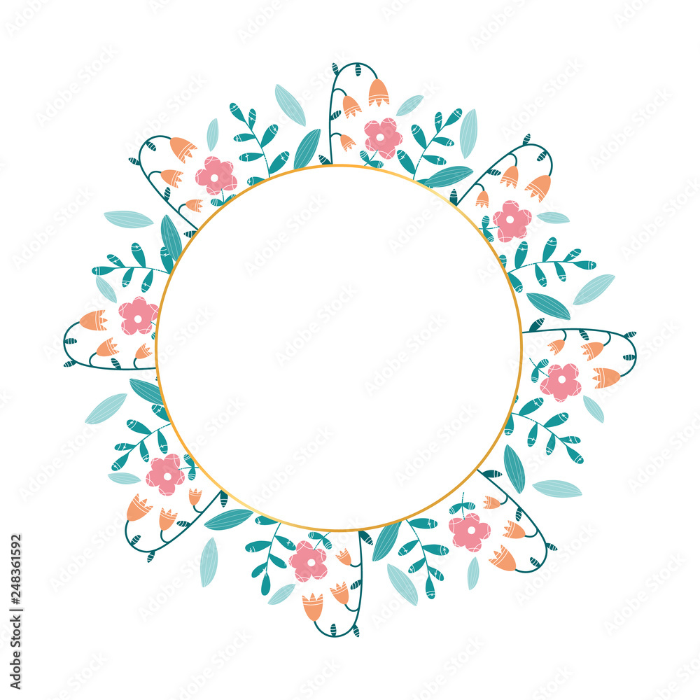 Spring wreath, different flowers and plants. Place for text. Vector illustration. Ready design for poster, flyer, greeting card or banner.