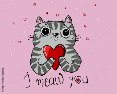 Fototapeta Naklejka Na Ścianę i Meble -  Vector illustration character design cat love with heart for valentine day. Doodle cartoon style.