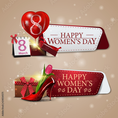 Two template to March 8 with gift, balloon and women's Shoe with tulips inside photo