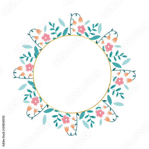 Spring wreath, different flowers and plants. Place for text. Vector illustration. Ready design for poster, flyer, greeting card or banner.