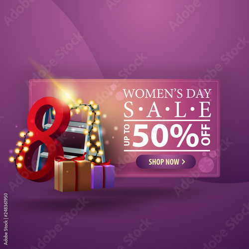 Women's day discount modern purple banner with gifts and garland