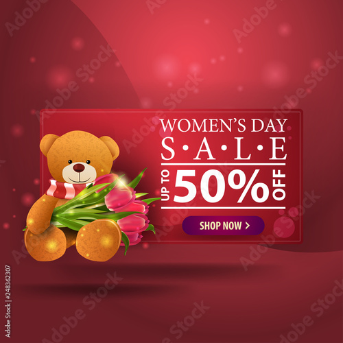 Women's day discount modern red banner with Teddy bear with a bouquet of tulips