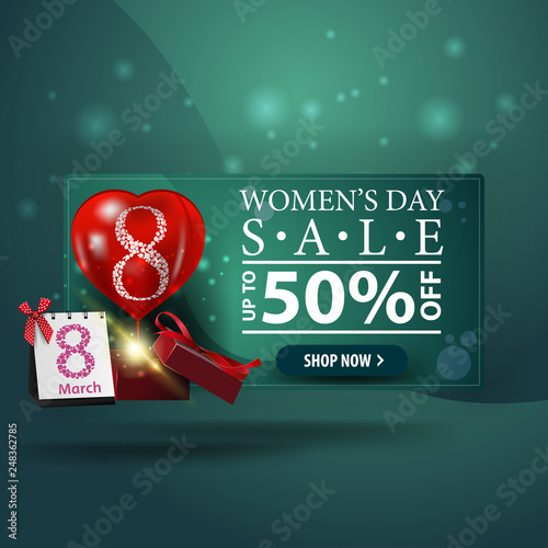 Women's day discount modern green banner with gift and balloon