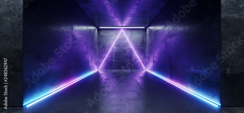 Neon Cyber Sci Fi Futuristic Modern Retro Led Laser Dance Lights Triangle Shaped Blue Pink Purple Lights On Reflective Grunge Concrete Dark Empty Room Corridor 3D Rendering © IM_VISUALS