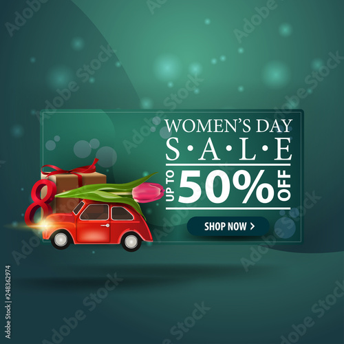 Women's day discount modern green banner with car with Tulip