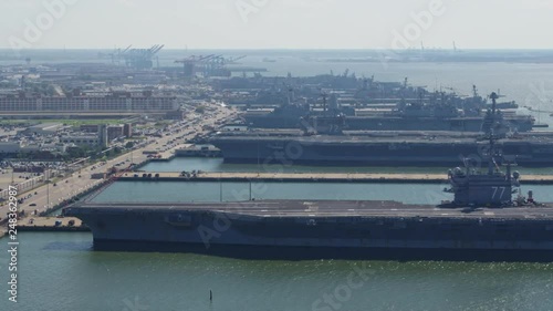 Norfolk Virginia Aerial v43 Panoramic view of Naval pier, ships, and station grounds left to right 10/17 photo