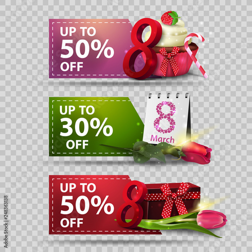 Three discount banners for Women's day with gifts