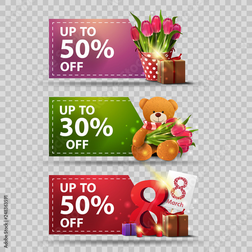 Three discount banners for Women's day with gifts