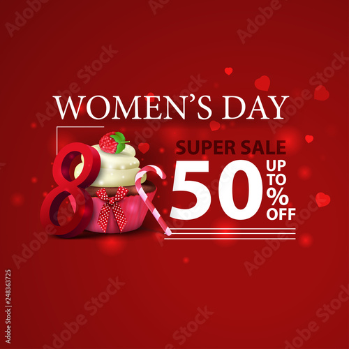 Women's day discount modern red banner with cupcake and raspberry berries