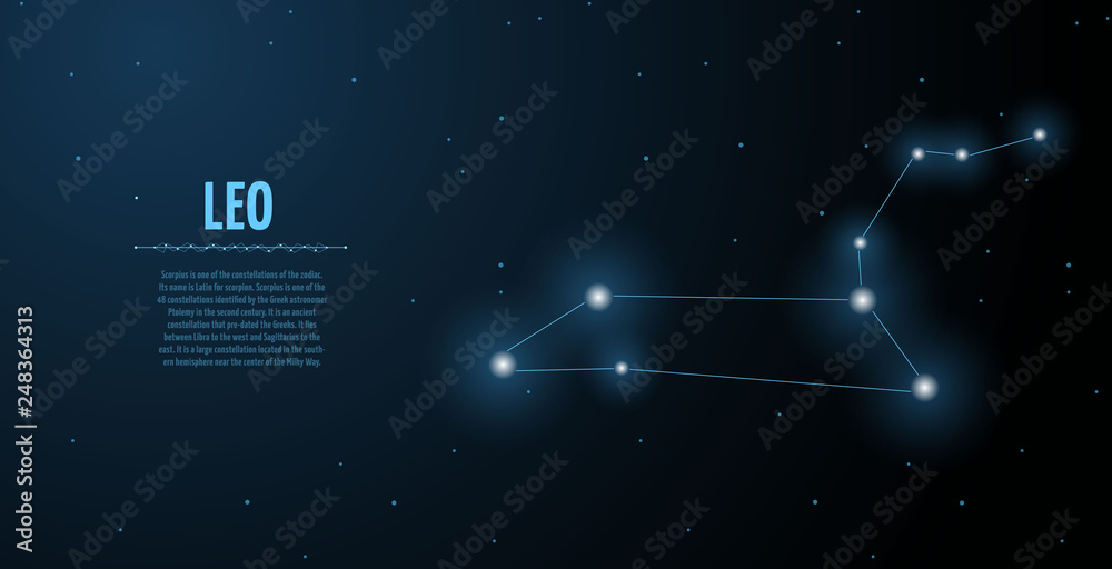 Leo zodiac constellation vector sign with silhouette. Poster design with place for text Leo zodiac constellation vector sign with silhouette. Poster design with place for text
