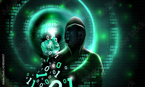 Computer hacker with a hood touches the touch screen binary code. Light waves on abstract binary dark background hacker silhouette. Hacking computer system, database server, data theft, vector