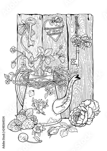 Drawing of flower pot, berries and flowers with rural decor.