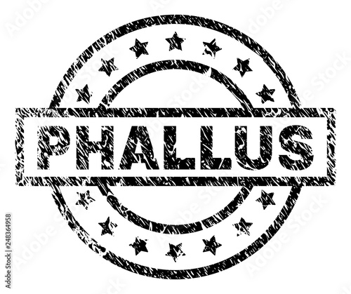 PHALLUS stamp seal watermark with distress style. Designed with rectangle, circles and stars. Black vector rubber print of PHALLUS tag with dirty texture.